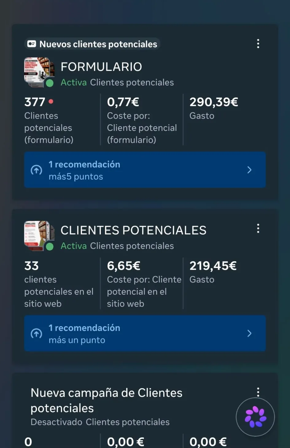 Panel de Google Ads con 377 clientes potenciales por formulario a 0,77 € de coste por cliente potencial y 290,39 € de gasto