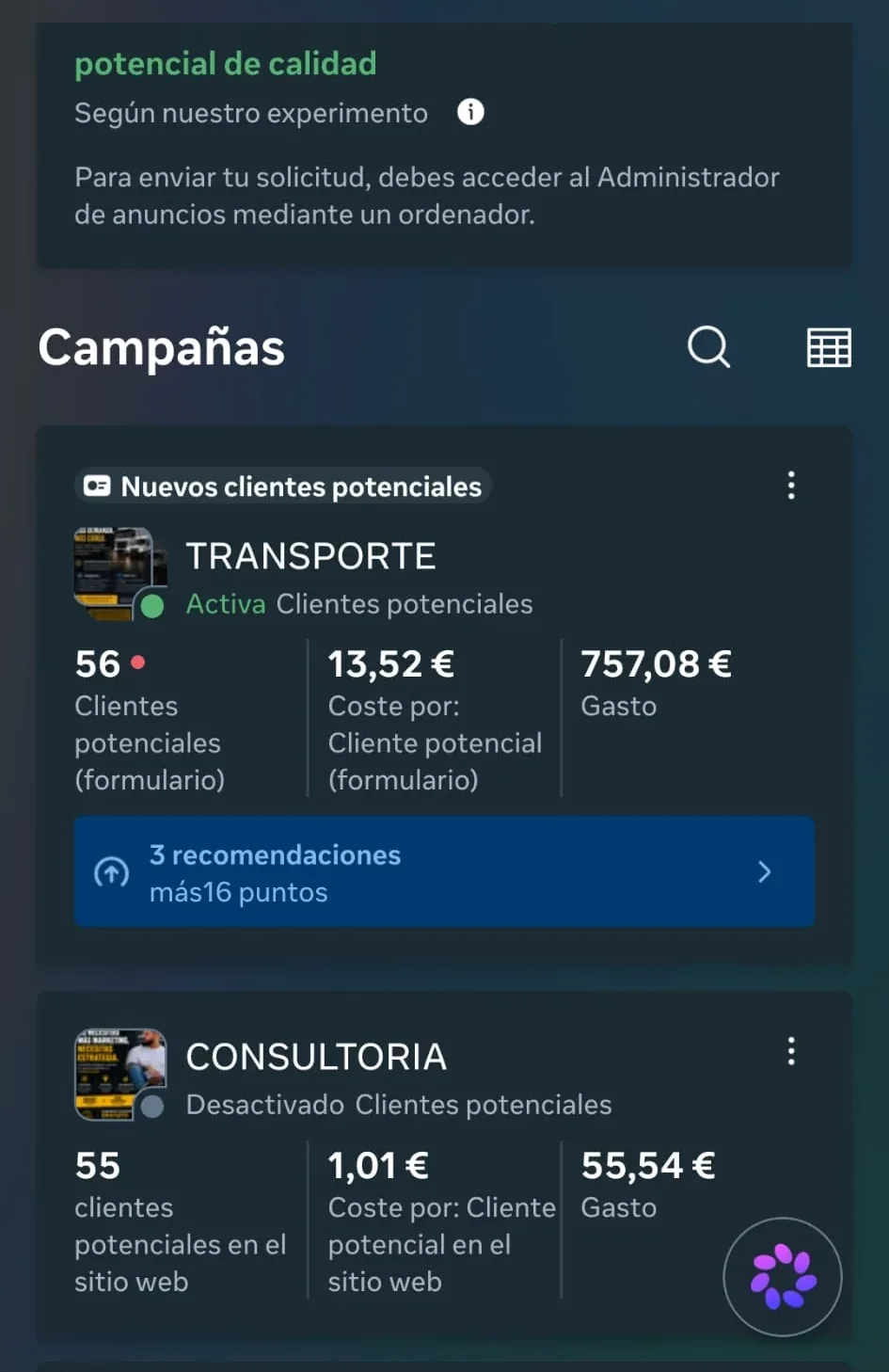 Panel de Google Ads con dos campañas: 56 clientes potenciales a 13,52 € y 55 clientes potenciales en el sitio web a 1,01 €