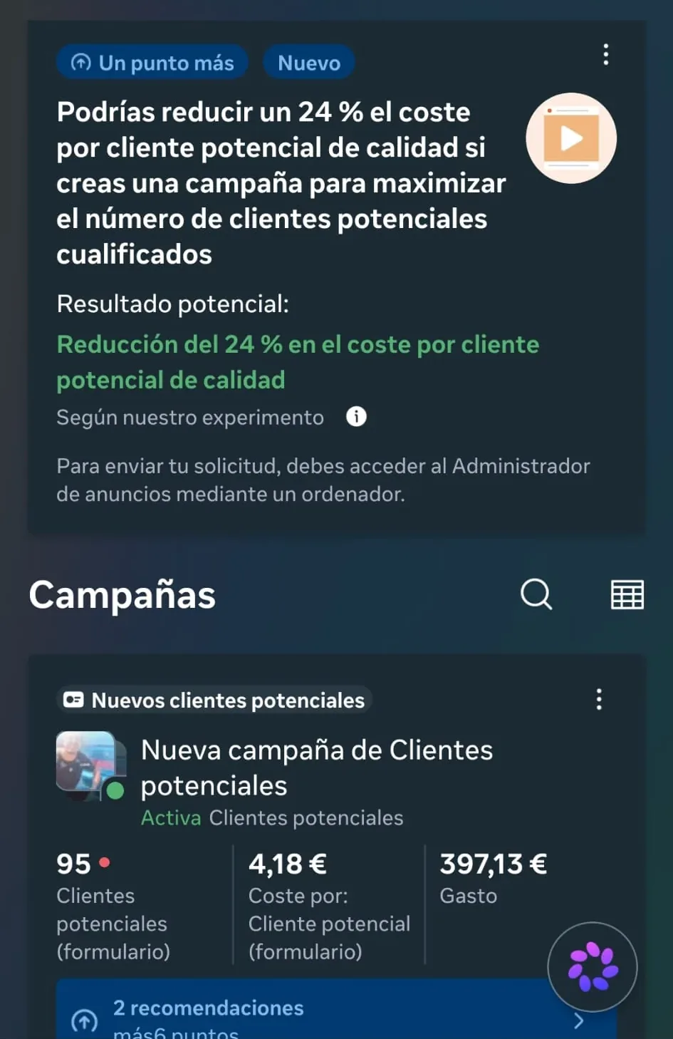 Panel de Google Ads con una recomendación de reducir un 24 % el coste por cliente potencial y una campaña con 95 clientes potenciales a 4,18 €
